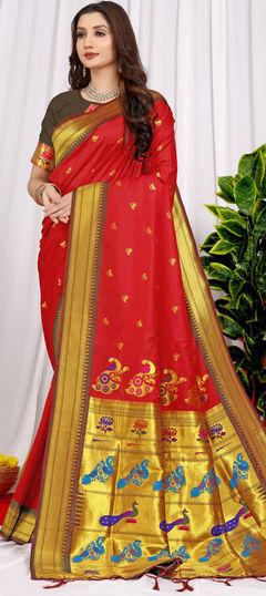 Red and Maroon color Saree in Silk fabric with Weaving, Zari work