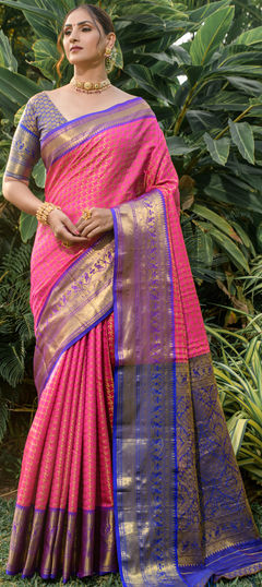 Festive, Traditional Pink and Majenta color Saree in Kanchipuram Silk fabric with South Weaving work : 1938563