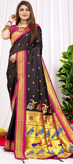 Black and Grey color Saree in Silk fabric with Weaving, Zari work