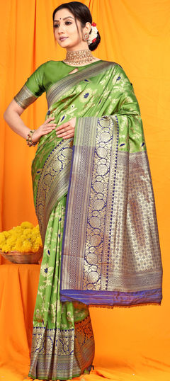 Green color Saree in Banarasi Silk fabric with Weaving, Zari work