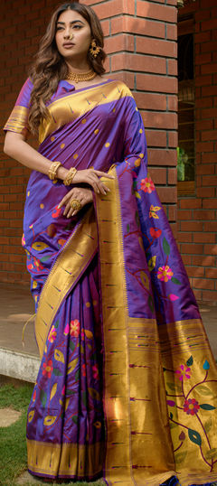 Purple and Violet color Saree in Silk fabric with Weaving, Zari work