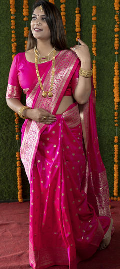 Festive, Traditional Pink and Majenta color Saree in Banarasi Silk fabric with South Weaving, Zari work : 1938619