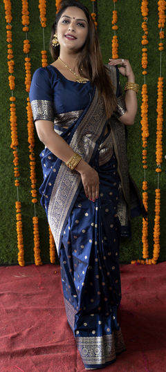 Festive, Traditional Blue color Saree in Banarasi Silk fabric with South Weaving, Zari work : 1938627