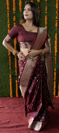 Red and Maroon color Saree in Banarasi Silk fabric with Weaving, Zari work