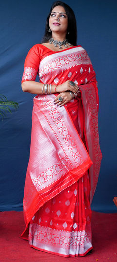 Red and Maroon color Saree in Banarasi Silk fabric with Weaving, Zari work