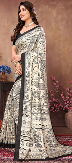 Black and Grey color Saree in Cotton fabric with Printed work