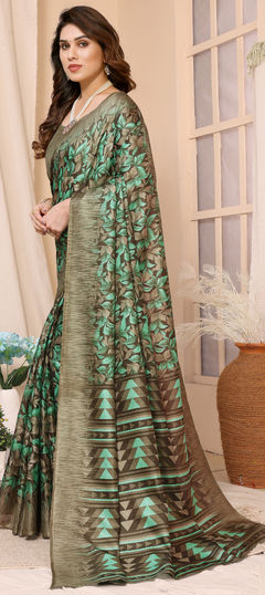 Green color Saree in Cotton fabric with Printed work