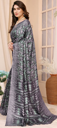 Black and Grey color Saree in Cotton fabric with Printed work