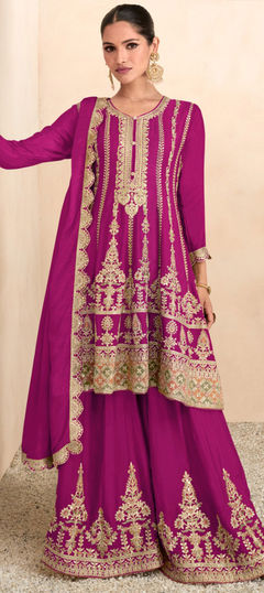 Pink and Majenta color Salwar Kameez in Art Silk fabric with Embroidered, Sequence, Thread work