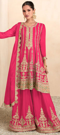 Pink and Majenta color Salwar Kameez in Art Silk fabric with Embroidered, Sequence, Thread work