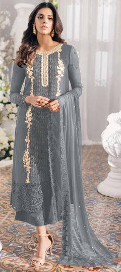 Black and Grey color Salwar Kameez in Faux Georgette fabric with Embroidered, Sequence, Thread work