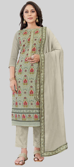 Black and Grey color Salwar Kameez in Chanderi Silk fabric with Embroidered, Printed work