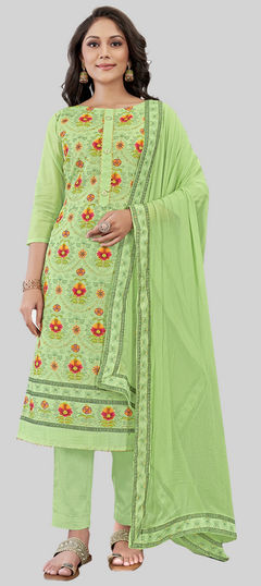 Green color Salwar Kameez in Chanderi Silk fabric with Embroidered, Printed work