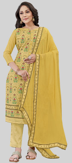 Yellow color Salwar Kameez in Chanderi Silk fabric with Embroidered, Printed work