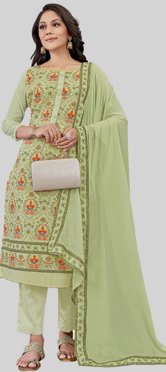 Green color Salwar Kameez in Chanderi Silk fabric with Embroidered, Printed work