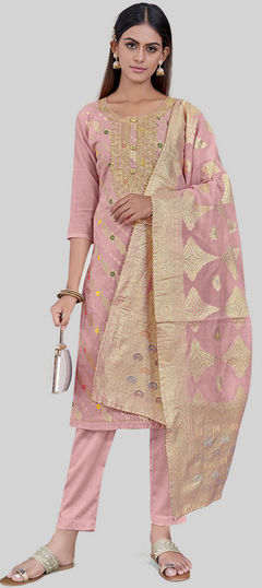 Pink and Majenta color Salwar Kameez in Chanderi Silk fabric with Embroidered, Thread work