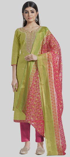 Green color Salwar Kameez in Chanderi Silk fabric with Digital Print, Embroidered work