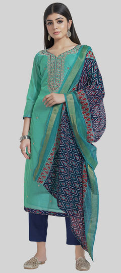 Blue color Salwar Kameez in Chanderi Silk fabric with Digital Print, Embroidered work