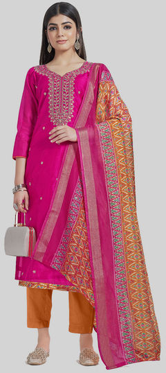 Pink and Majenta color Salwar Kameez in Chanderi Silk fabric with Digital Print, Embroidered work