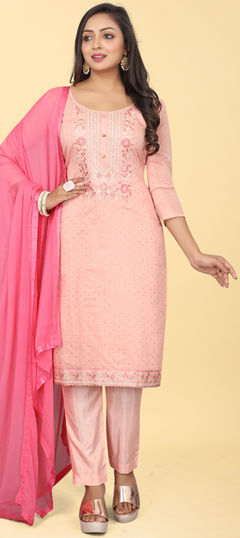 Pink and Majenta color Salwar Kameez in Chanderi Silk fabric with Digital Print, Embroidered work