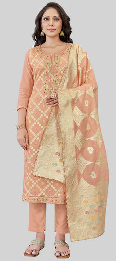 Pink and Majenta color Salwar Kameez in Chanderi Silk fabric with Embroidered, Thread, Weaving work