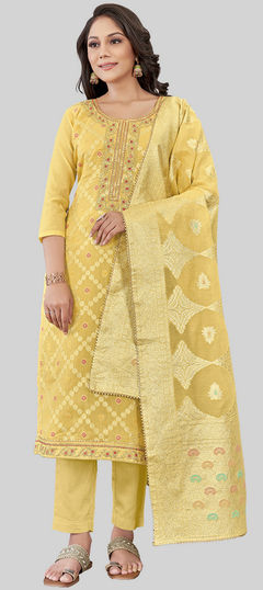 Yellow color Salwar Kameez in Chanderi Silk fabric with Embroidered, Thread, Weaving work