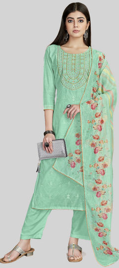 Green color Salwar Kameez in Chanderi Silk fabric with Embroidered, Printed, Resham work