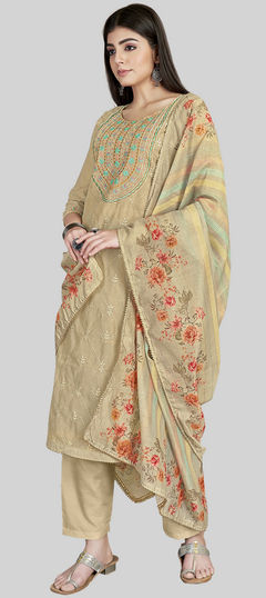 Beige and Brown color Salwar Kameez in Chanderi Silk fabric with Embroidered, Printed, Resham work