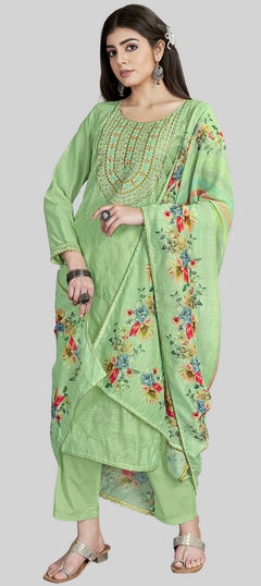 Green color Salwar Kameez in Chanderi Silk fabric with Embroidered, Printed, Resham work