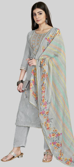 Black and Grey color Salwar Kameez in Chanderi Silk fabric with Embroidered, Printed, Resham work