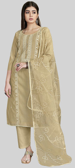 Beige and Brown color Salwar Kameez in Chanderi Silk fabric with Embroidered, Thread work