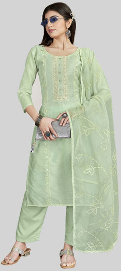 Green color Salwar Kameez in Chanderi Silk fabric with Embroidered, Thread work