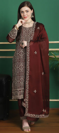 Red and Maroon color Salwar Kameez in Georgette fabric with Stone work