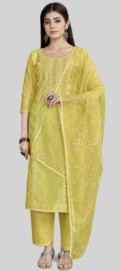 Yellow color Salwar Kameez in Chanderi Silk fabric with Embroidered, Thread work