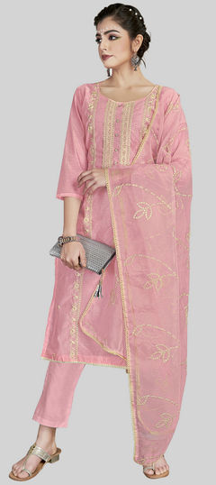 Pink and Majenta color Salwar Kameez in Chanderi Silk fabric with Embroidered, Thread work