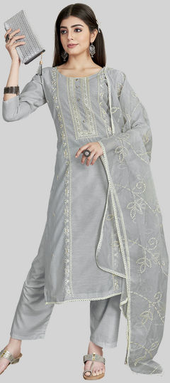 Black and Grey color Salwar Kameez in Chanderi Silk fabric with Embroidered, Thread work