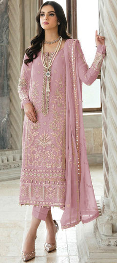 Pink and Majenta color Salwar Kameez in Faux Georgette fabric with Embroidered, Sequence work