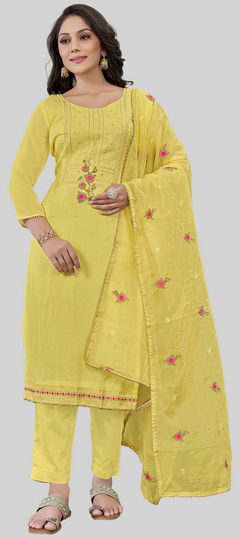 Yellow color Salwar Kameez in Art Silk fabric with Embroidered, Resham, Thread work