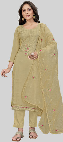 Beige and Brown color Salwar Kameez in Art Silk fabric with Embroidered, Resham, Thread work