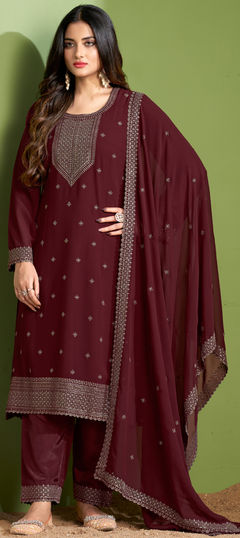 Festive, Party Wear Red and Maroon color Salwar Kameez in Georgette fabric with Straight Embroidered, Sequence, Thread work : 1938764