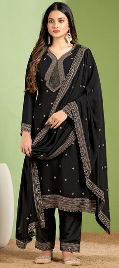 Festive, Party Wear Black and Grey color Salwar Kameez in Georgette fabric with Straight Embroidered, Sequence, Thread work : 1938765