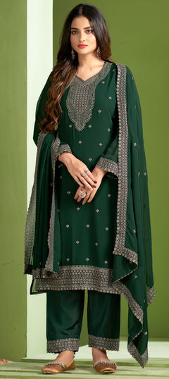 Festive, Party Wear Green color Salwar Kameez in Georgette fabric with Straight Embroidered, Sequence, Thread work : 1938766