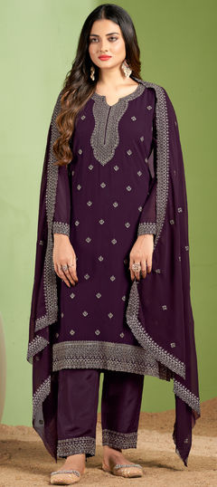 Festive, Party Wear Purple and Violet color Salwar Kameez in Georgette fabric with Straight Embroidered, Sequence, Thread work : 1938767