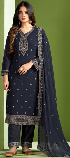 Festive, Party Wear Black and Grey color Salwar Kameez in Georgette fabric with Straight Embroidered, Sequence, Thread work : 1938768