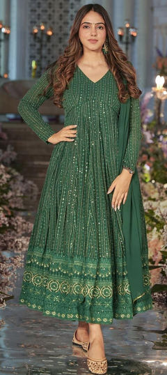 Green color Gown in Faux Georgette fabric with Embroidered, Sequence, Zari work