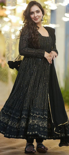 Black and Grey color Gown in Faux Georgette fabric with Embroidered, Sequence, Zari work