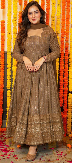 Beige and Brown color Gown in Faux Georgette fabric with Embroidered, Sequence, Zari work