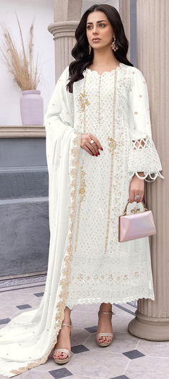 White and Off White color Salwar Kameez in Georgette fabric with Embroidered, Sequence, Thread work