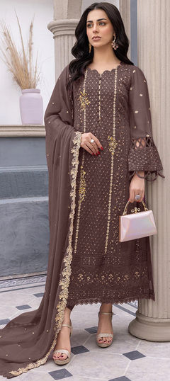 Beige and Brown color Salwar Kameez in Georgette fabric with Embroidered, Sequence, Thread work