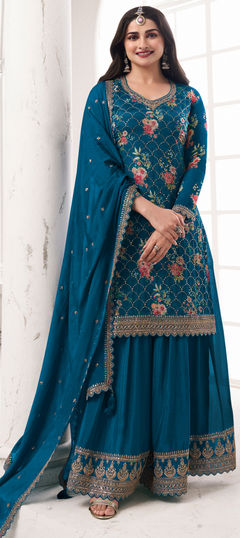 Blue color Salwar Kameez in Art Silk fabric with Embroidered, Floral, Printed, Sequence, Thread work